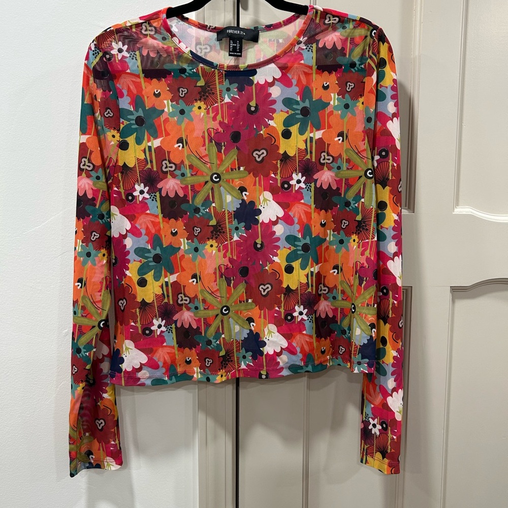 Forever 21 Vibrant Multicolor Floral Sheer Blouse